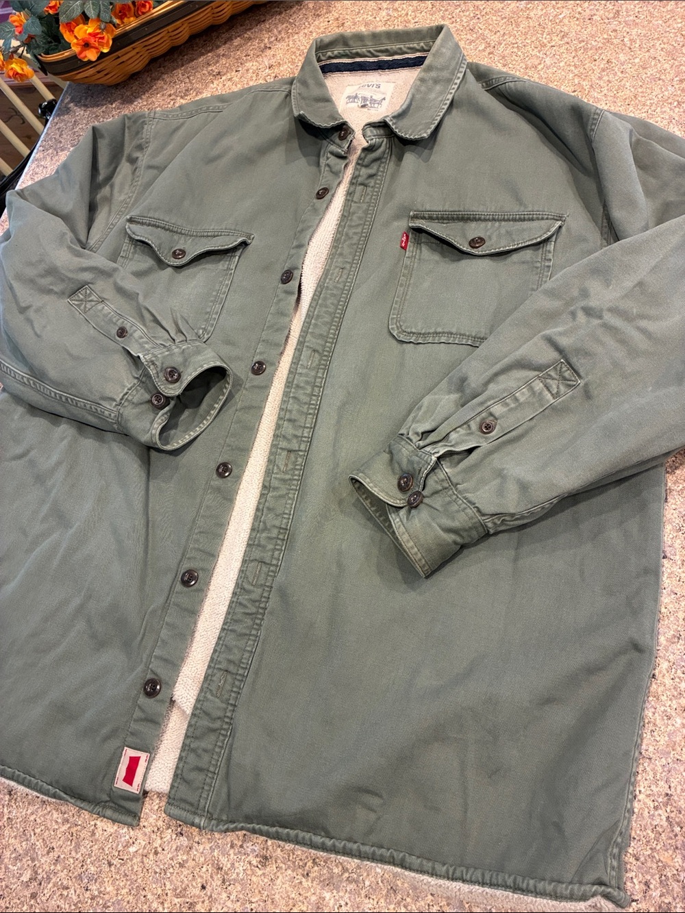 Levi's Sherpa Lined Canvas Shirt Jacket Olive Green Shacket XXL Used 3LMLW053